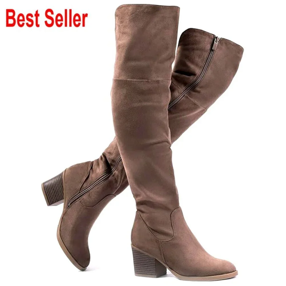 Faux Suede Over the Knee Boots with Stacked Block Heel